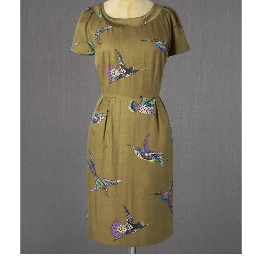 Boden Hummingbird Print Silk Blend Dress Sz.4P